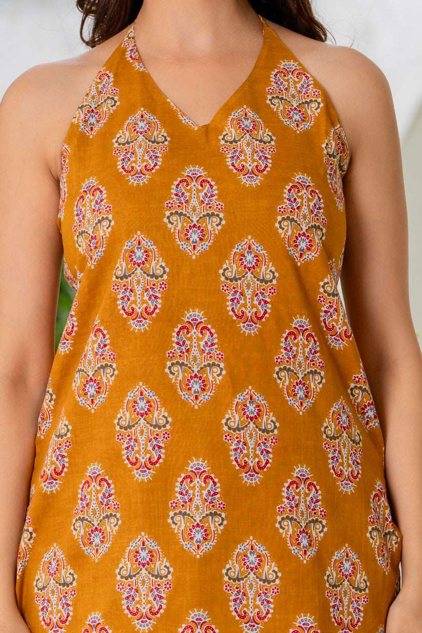 Mustard Ethnic Print Halter Top for Women | Cotton Summer Vacation Wear Top