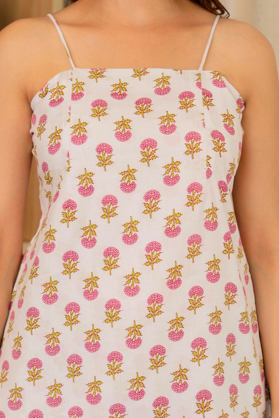 Off White Cotton Camisole Top for Women | Spaghetti Strap Summer Printed Top