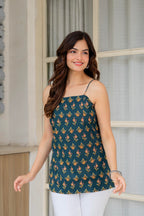 Dark Green Cotton Slip Top for Women | Minimal Printed Spaghetti Strap Top