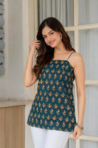 Dark Green Cotton Slip Top for Women | Minimal Printed Spaghetti Strap Top