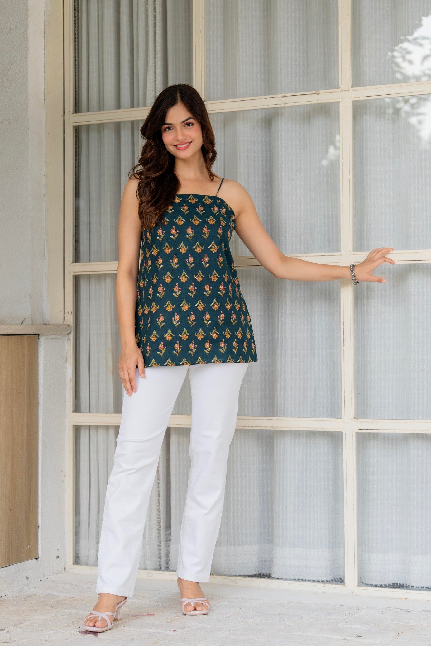 Dark Green Cotton Slip Top for Women | Minimal Printed Spaghetti Strap Top