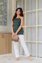 Dark Green Cotton Slip Top for Women | Minimal Printed Spaghetti Strap Top