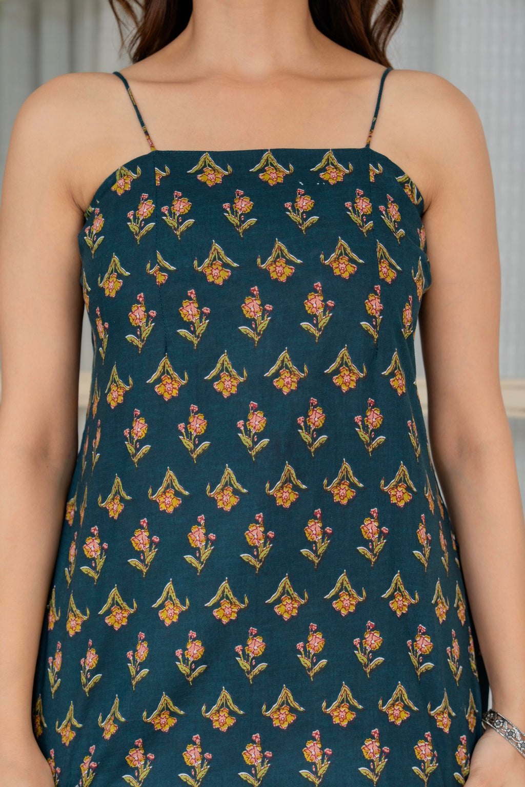 Dark Green Cotton Slip Top for Women | Minimal Printed Spaghetti Strap Top