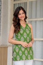 Green Cotton Printed Halter Neck Top for Women | Stylish Summer Casual Top