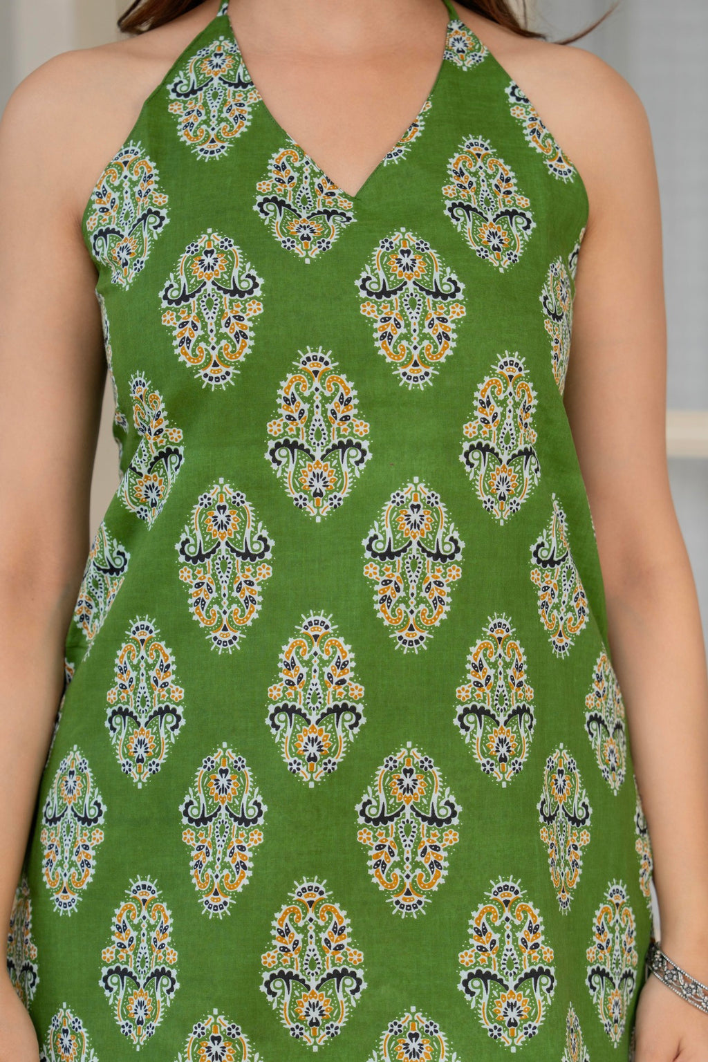 Green Cotton Printed Halter Neck Top for Women | Stylish Summer Casual Top
