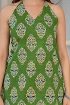 Green Cotton Printed Halter Neck Top for Women | Stylish Summer Casual Top