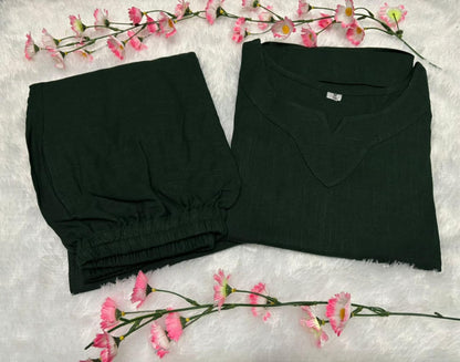 Elegant Cotton Slub Co-Ord Set Bottle Green