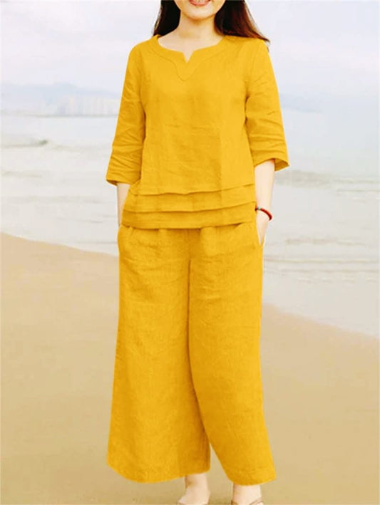 Elegant Cotton Slub Co-ord Set Mustard yellow