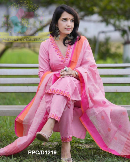 Elegant Handloom Embroidered Kurti Set with Linen Dupatta pink