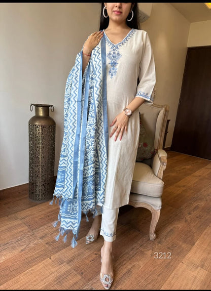 Elegant Off-White Embroidered Cotton Flex Suit Set With Cotton Silk Dupatta - Graceful & Sophisticated
