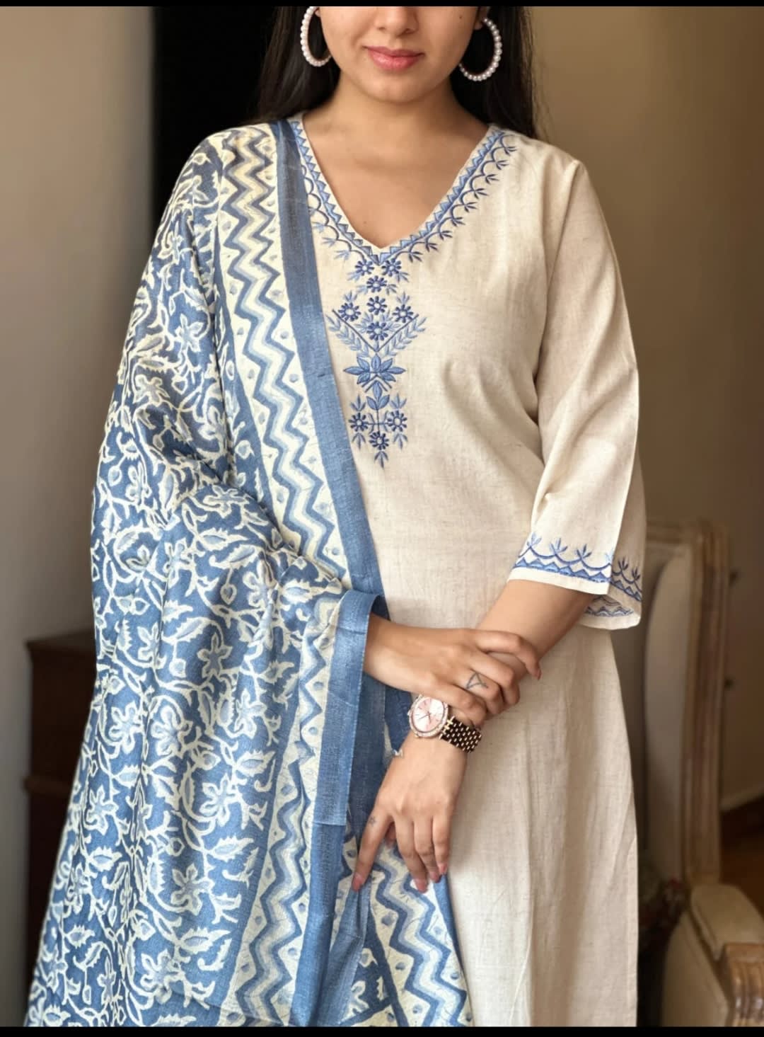 Elegant Off-White Embroidered Cotton Flex Suit Set With Cotton Silk Dupatta - Graceful & Sophisticated