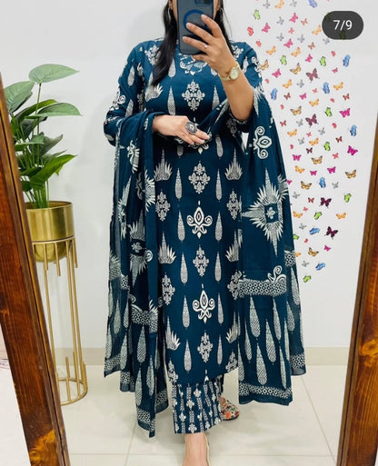 Floral Cotton Suit 3 Colours  Teal Blue