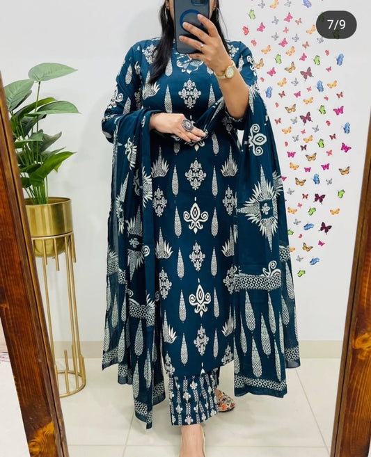 Floral Cotton Suit 3 Colours  Teal Blue