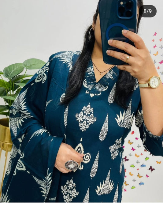 Floral Cotton Suit 3 Colours  Teal Blue