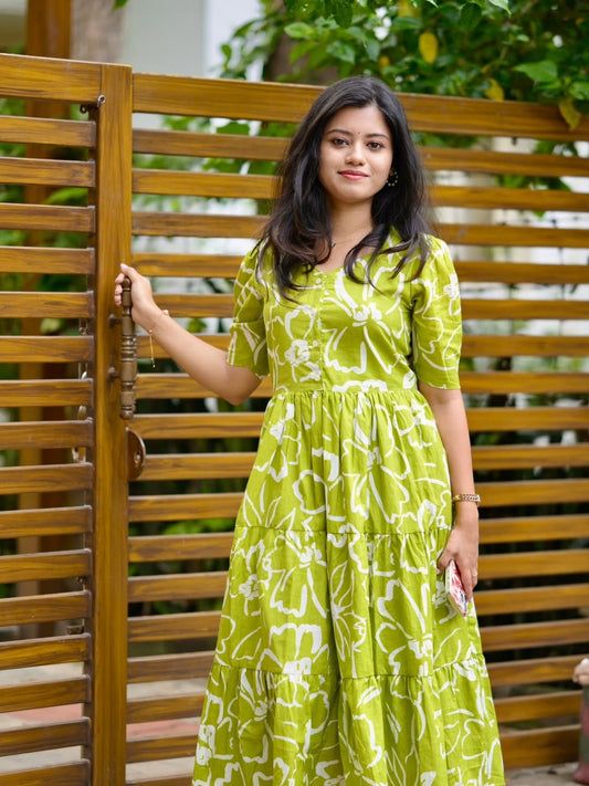 Fresh Green Floral Cotton Midi Dress For Women