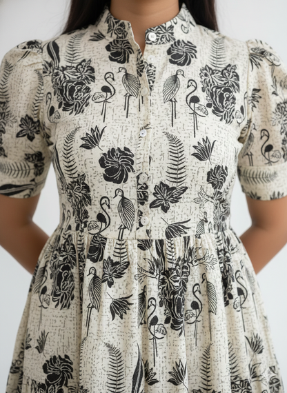 New Trending Print Cotton Off White Midi Dress for Women | Puff Sleeve Stylish Casual Midi | Sizes 38 to 44