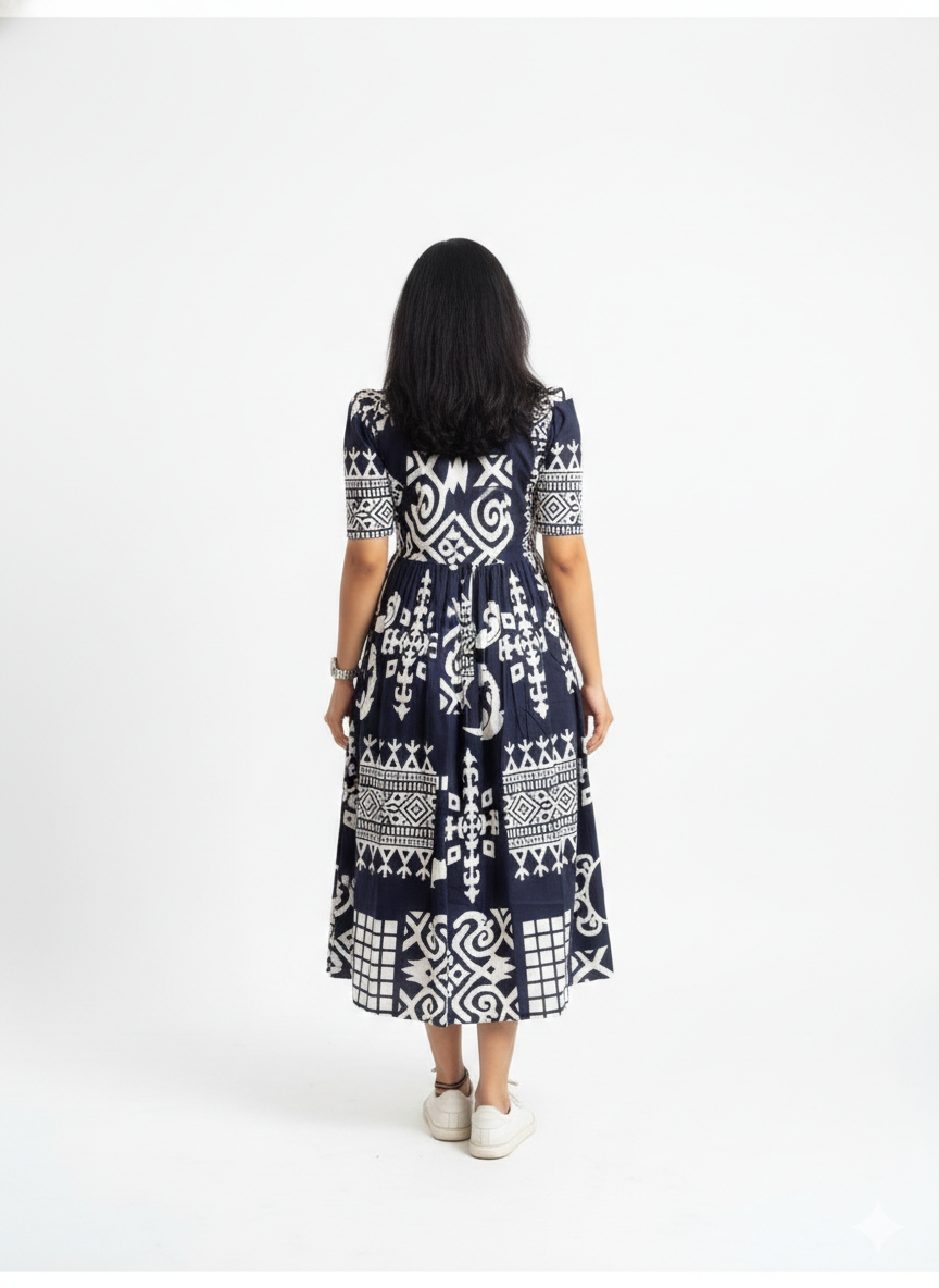 New Trending Print Cotton Midi Dress for Women | Puff Sleeve Stylish Casual Midi | Sizes 38 to 44