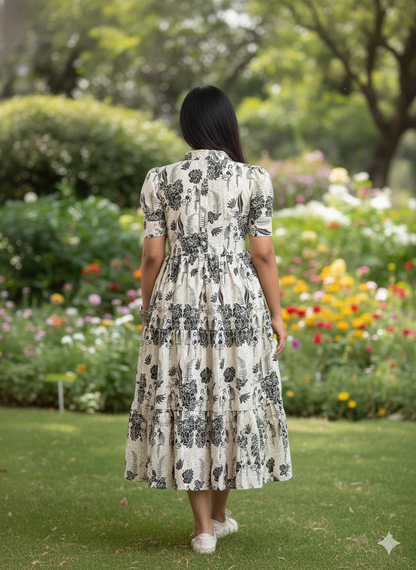 New Trending Print Cotton Off White Midi Dress for Women | Puff Sleeve Stylish Casual Midi | Sizes 38 to 44