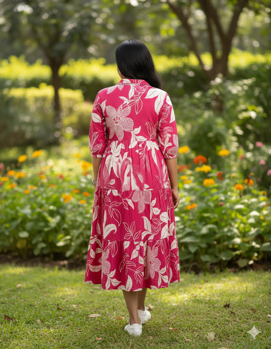 New Trending Print Cotton Pink Midi Dress for Women | Puff Sleeve Stylish Casual Midi | Sizes 38 to 44