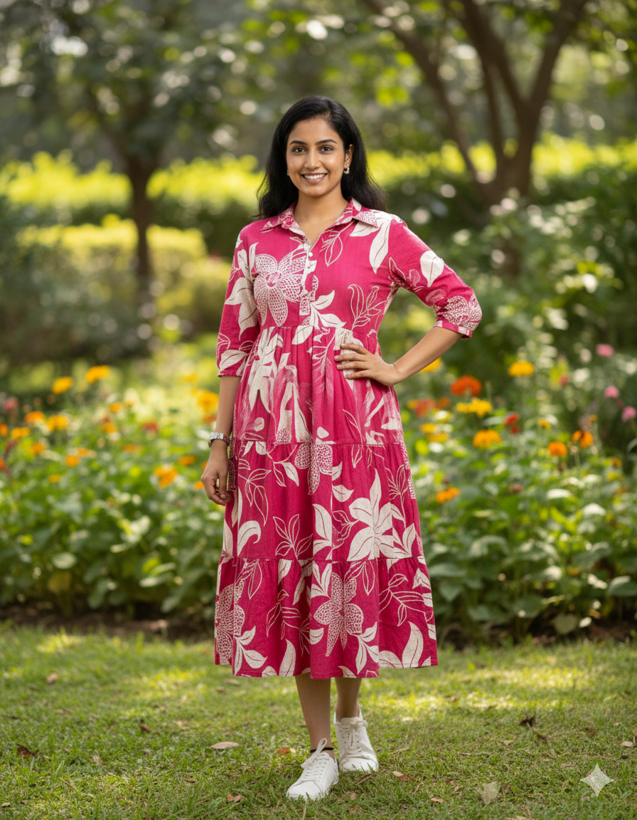 New Trending Print Cotton Pink Midi Dress for Women | Puff Sleeve Stylish Casual Midi | Sizes 38 to 44