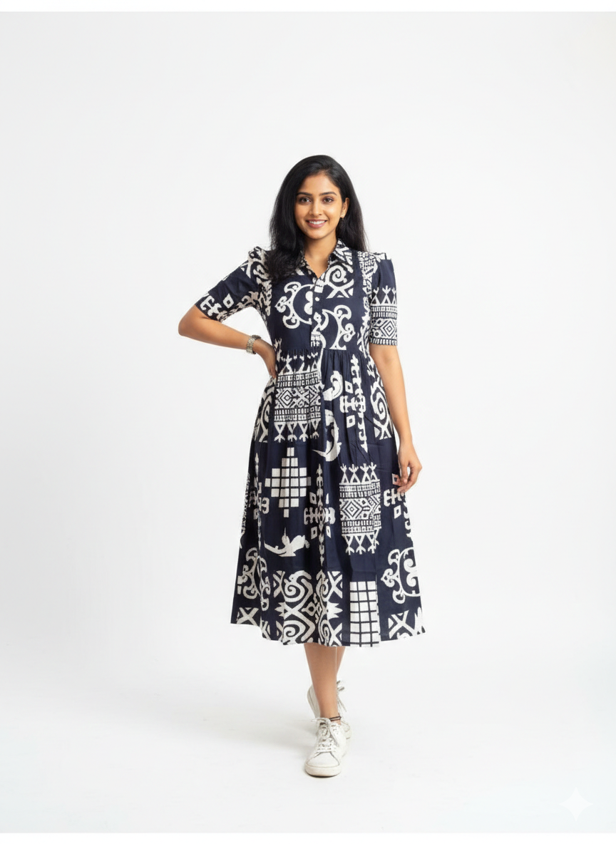 New Trending Print Cotton Midi Dress for Women | Puff Sleeve Stylish Casual Midi | Sizes 38 to 44
