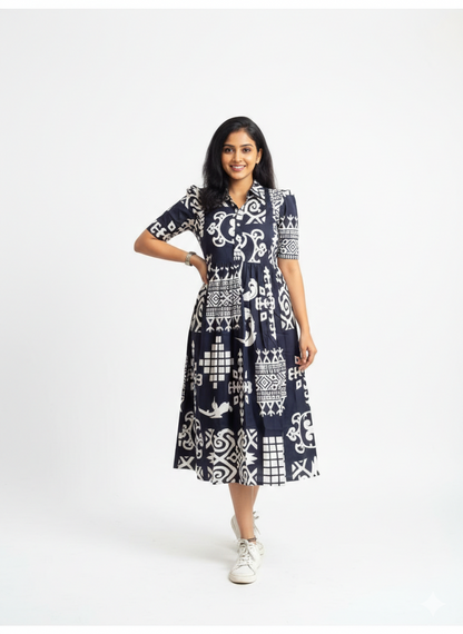 New Trending Print Cotton Midi Dress for Women | Puff Sleeve Stylish Casual Midi | Sizes 38 to 44
