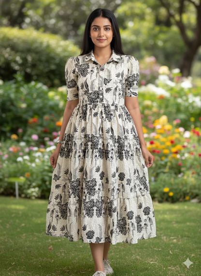 New Trending Print Cotton Off White Midi Dress for Women | Puff Sleeve Stylish Casual Midi | Sizes 38 to 44