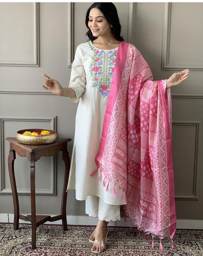 Pink Handloom Khadi 3 Piece Suit