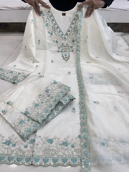 HEAVY PURE CHANDERI SUIT SET SKY BLUE