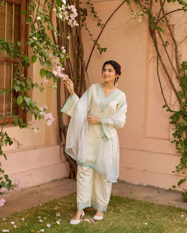 HEAVY PURE CHANDERI SUIT SET SKY BLUE