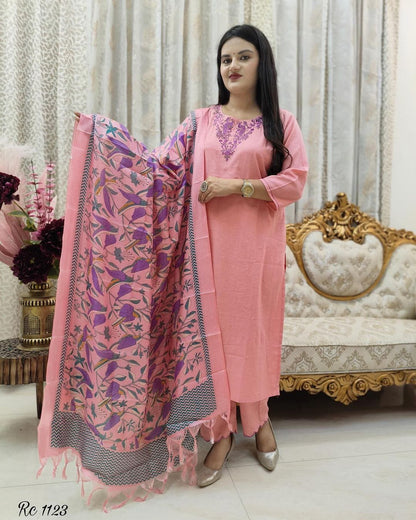 Light Pink Handloom Embroidered Suit Set For All Occasions