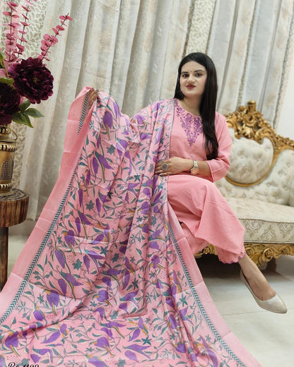 Light Pink Handloom Embroidered Suit Set For All Occasions