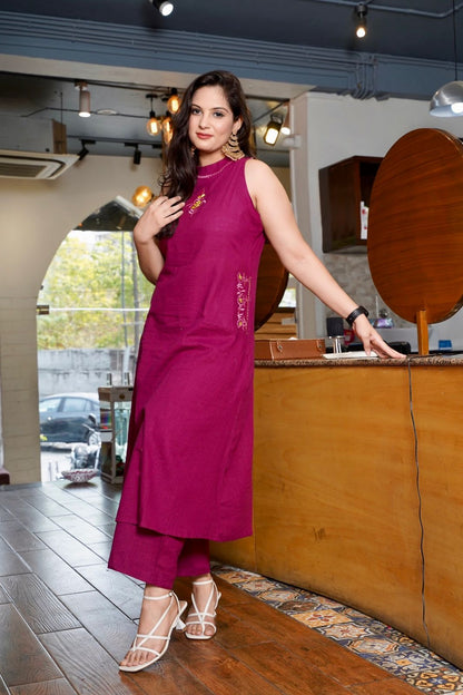 Royal Libas Elegant A-Line Cotton Kurta Set With Embroidery Detailing - Sleeves Attached