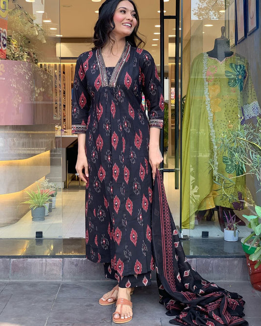 Molisha New Launch: Elegant Pure Cotton Ikkat Suit Set With Intricate Embroidery-A