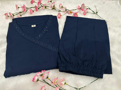 Royal Libas Stylish Embroidered Kurti And Pant Set-Vlue