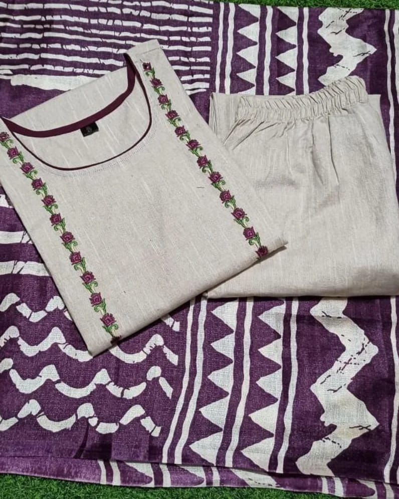 Pure Handloom Cotton Kurta Pant And Khadi Silk Ikkat Print Dupatta Set