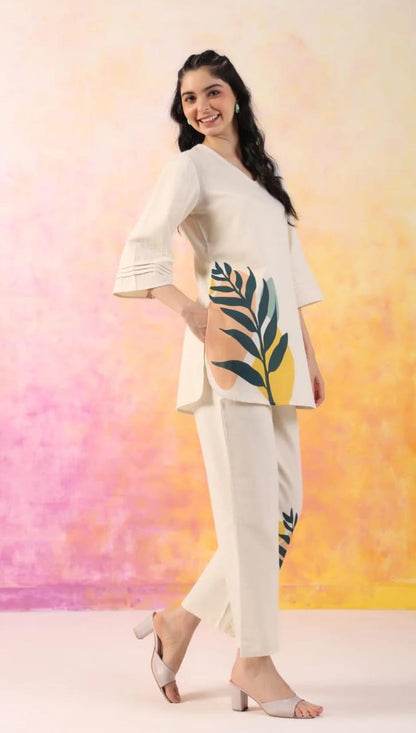 Off White Printed Cotton Flex Co Ord Set