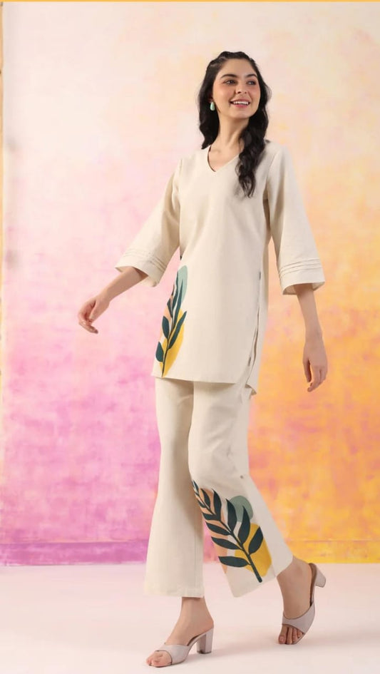 Off White Printed Cotton Flex Co Ord Set