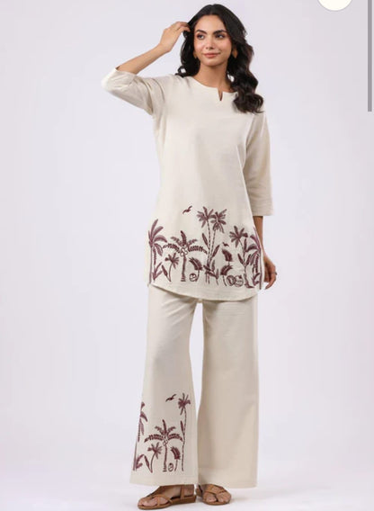 Cream Cotton Classic Co-Ord Set Embroidered Collection