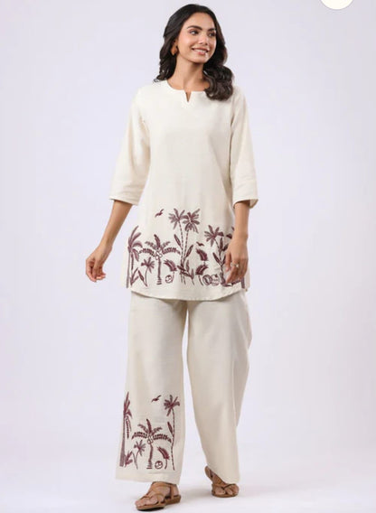 Cream Cotton Classic Co-Ord Set Embroidered Collection