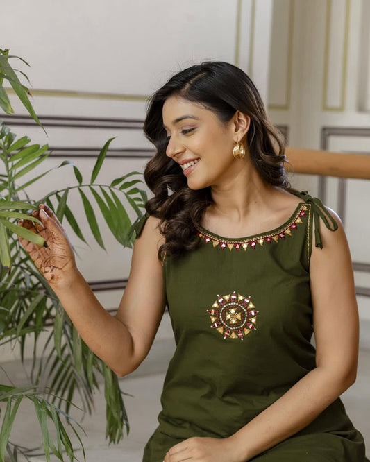 Olive Green Embroidered Cotton Slub Kurti