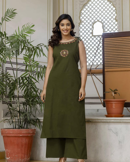 Olive Green Embroidered Cotton Slub Kurti