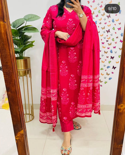 Pink  Designer Straight Kurta Pant With Duppata Set