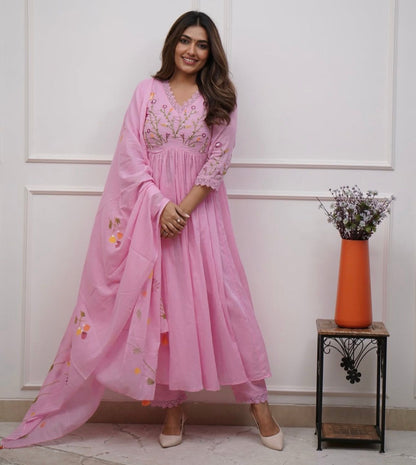 Pink Cotton Kurti Set With Embroidery Work