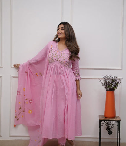 Pink Cotton Kurti Set With Embroidery Work