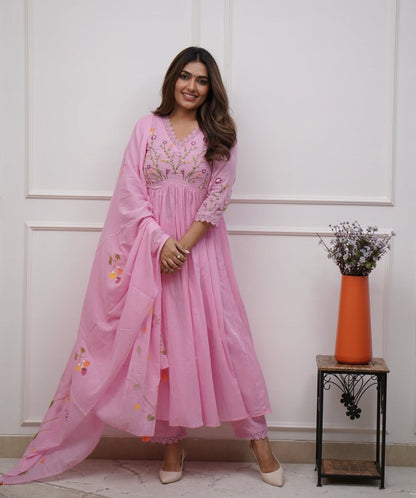 Pink Cotton Kurti Set With Embroidery Work