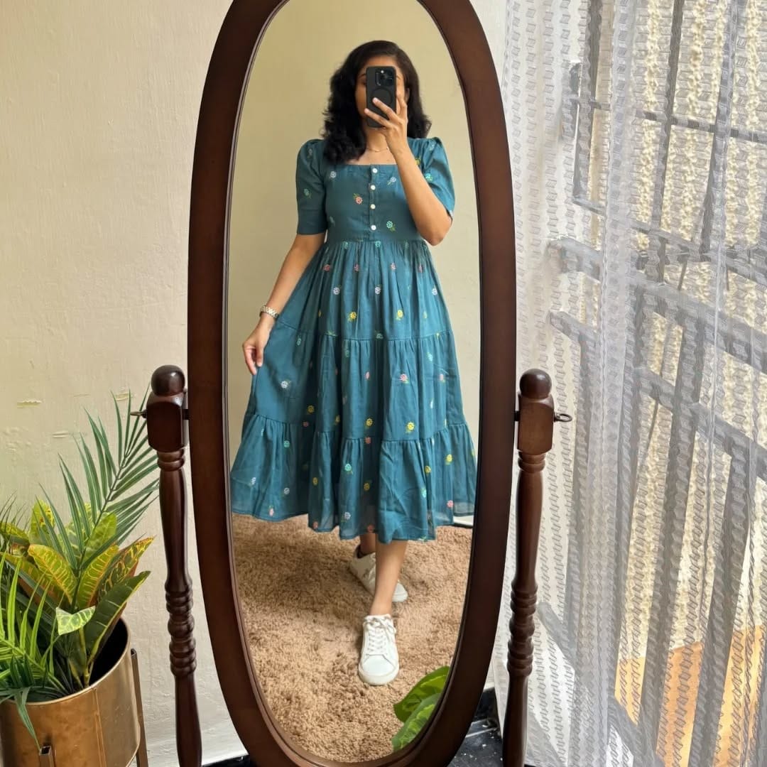 Teal Green Puff Sleeves Midi Dress Set