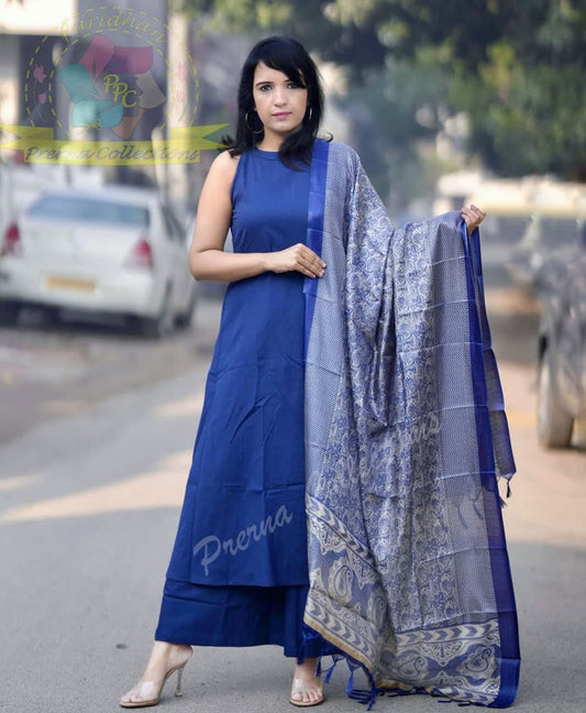Pure Handloom A-Line Kurti With Functional Pockets On Both Sides Blue