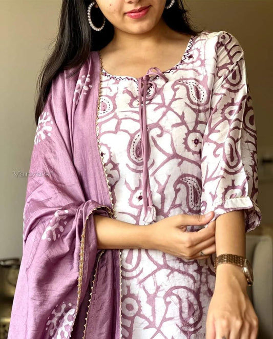 Pink Cotton Kuta Set  with Dupatta For Women