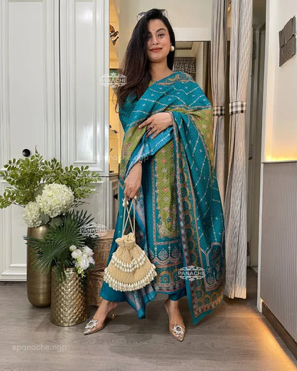 Teal Blue & Olive Green Silk Blend Suit Set with Dupatta